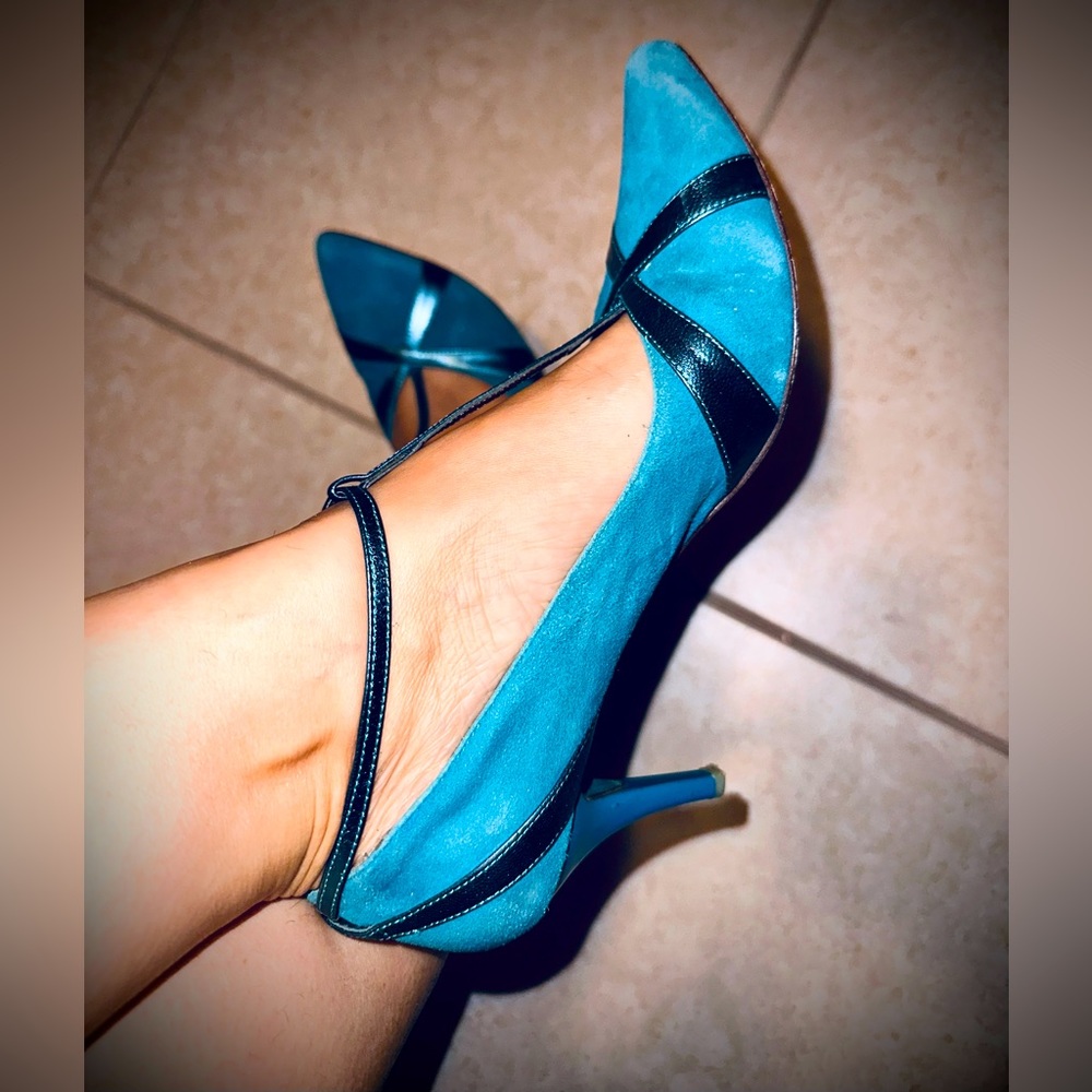 Teal suede & leather women pumps heels